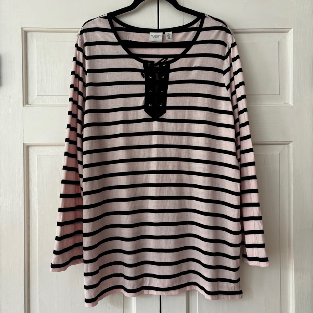 Chico's Size 3 Black Light Pink Striped Tie Front Tee Shirt Top Blouse Chicos XL